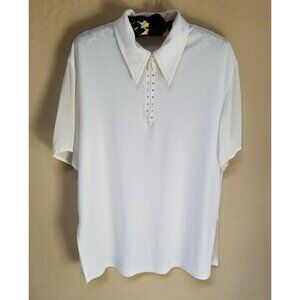 MITO Made in Italy Womens 1/4 Zip Beaded Sheer Short Sleeve Polo Shirt White